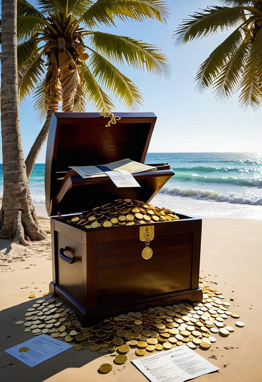 An open treasure chest overflowing with gold coins, diplomas, and scholarship certificates on a sandy beach, representing the abundance of college funding options. In the background, silhouettes of students studying under palm trees with a bright sun illuminating the scene. A gently rolling ocean adds tranquility, while light beams symbolize hope and opportunities. super-realistic. vibrant colors. warm tones.