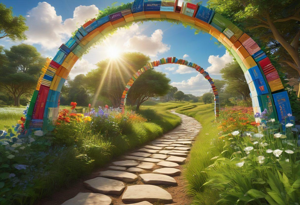 A vibrant path winding through a lush, green landscape leading towards a bright, welcoming archway made of books, symbolizing the journey to education and financial support. Include diverse individuals walking happily along the path, holding scholarship letters and smiles. The sky should be a cheerful blue with a radiant sun shining down, emphasizing joy and hope. Artistic style: super-realistic, vibrant colors, 3D.